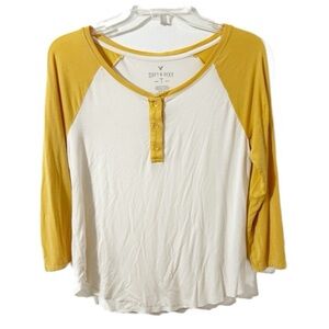 American Eagle Soft & Sexy Cream & Mustard Yellow Raglan Henley Top 3/4 Sleeves